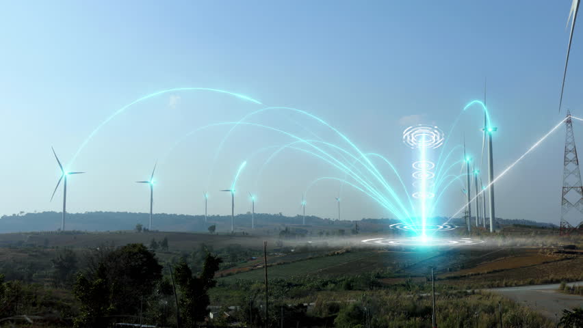 Wind turbine spinning and produce electricity to power plant with virtual digital effect of futuristic technology. Wind power turbines generating clean renewable energy for sustainable development.