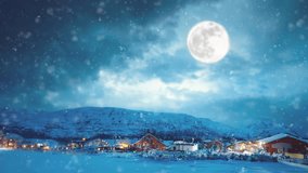 Santa on reindeer flies over a winter village in the mountains. Beautiful Christmas landscape. There is a full moon in the sky and it is snowing. - Powered by Shutterstock - Get 15% off with code: PIKWIZARD15