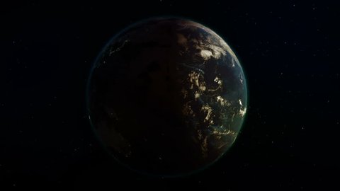 Realistic Earth rotating in space (loop). On the planet Earth is visible the change of day and night, with the correct rotation in the seamless loop. There are cities with night lighting