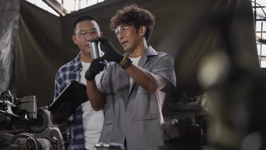 team of teacher and student are learning to use heavy machines in steel factory. workers cooperate while doing quality control of manufactured. Men are inspecting steel parts for machine installation