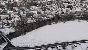 Drone footage of a German city in winter