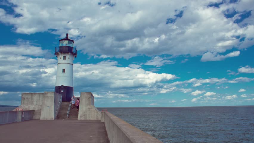 Small Lighthouse on the Shore of Lake Superior at Duluth Minnesota - Time Lapse