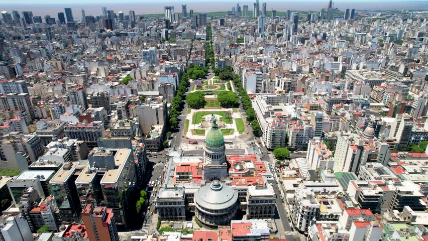 Beautiful aerial footage of the Argentina flag waving, the Palace of the Argentine National Congress, in the city of Buenos Aires, Argentina 
