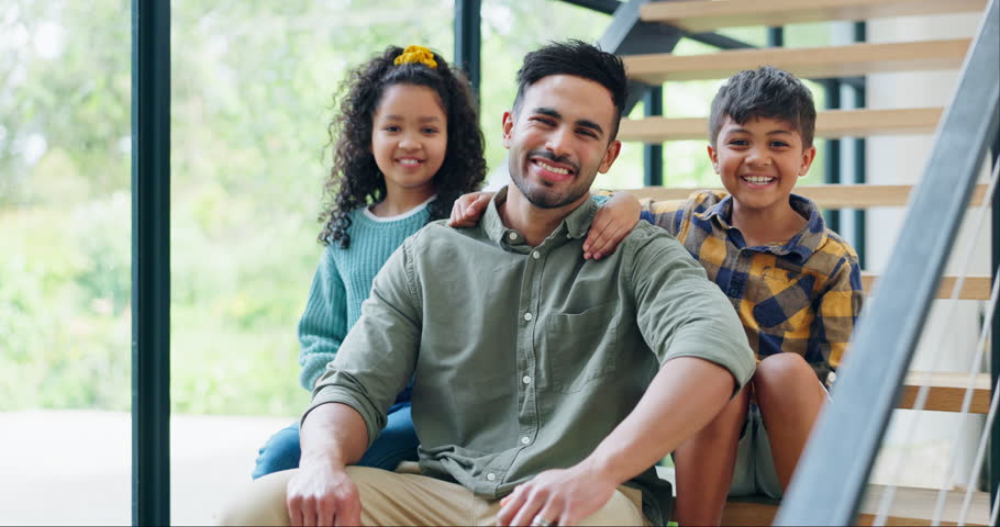 Happy father, children and relax on stairs in real estate or family bonding together at house. Portrait of dad and kids smile for property investment, support or love on staircase in holiday weekend