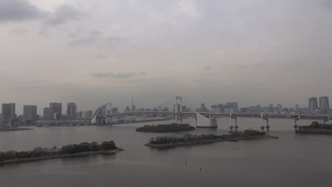 Fast motion of Tokyo city with Rainbow Bridge,Tokyo, Japan