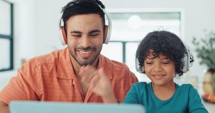 Father, child and video call on computer for home education, e learning support and helping with translation. Happy dad, family and kid wave hello on laptop, virtual school and headphones for audio