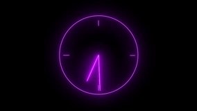 Analog glowing clock animation , 12 hour loop. neon clock , Counting down clock isolated animated