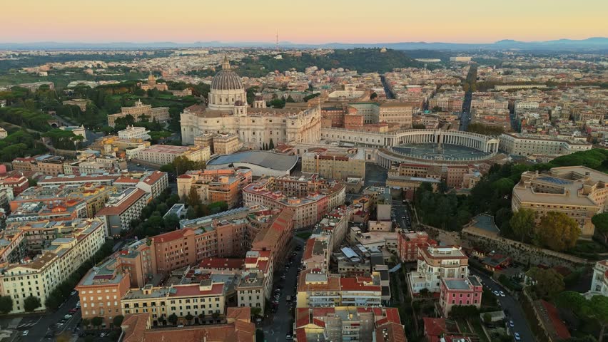 Rome skyline cityscape early in the morning. UHD, 4K. Aerial view of St Peter