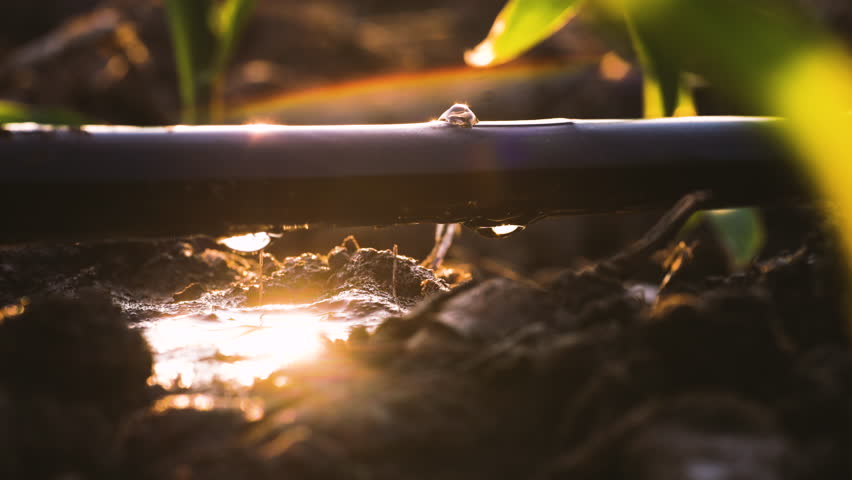 Macro of Water drips into soil from drip tape, agriculture drip irrigation system in corn sapling plantation with sun shines in evening, agricultural technology and saving water Royalty-Free Stock Footage #3390633921