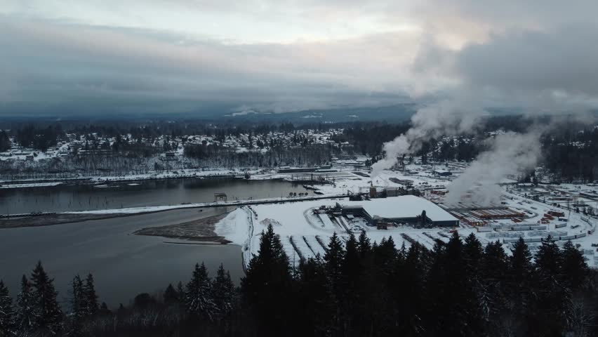 Pacific northwest sawmill covered in snow on a cold winter day.
Shelton Washington state