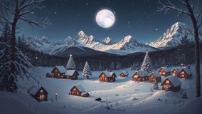 winter christmas village in snowy night mountains, falling snow - 
 animated  xmas background - Powered by Shutterstock - Get 15% off with code: PIKWIZARD15