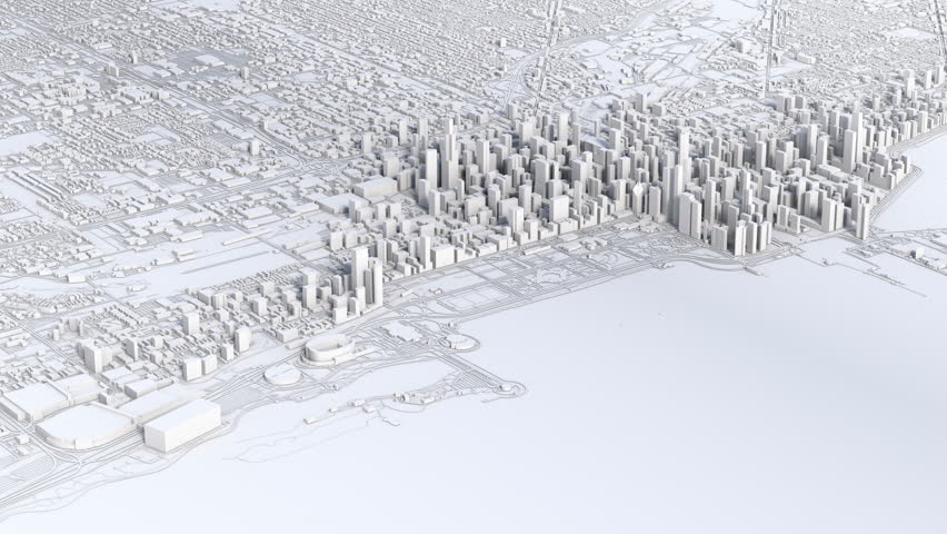 Map of Chicago Illinois USA Three Dimensional, Realistic Satellite Buildings  Panning  Orbit 3D Camera animation movement ,  White Bright Background