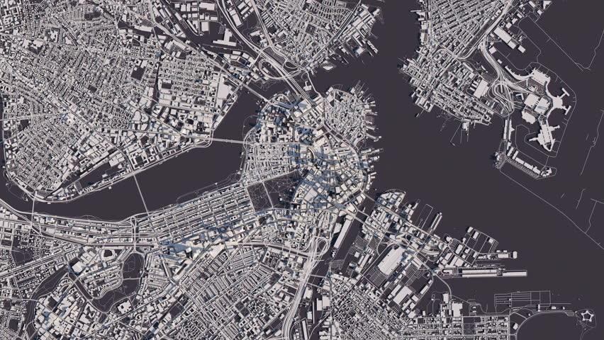 Boston Satellite Buildings Streets  3D Map Animation Dark Blue Background