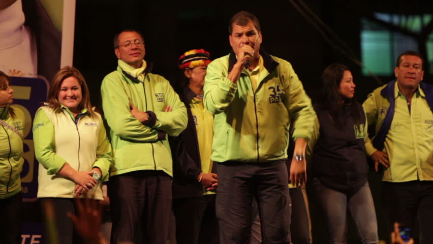 BANOS DE AGUA SANTA, ECUADOR - JANUARY 21: Rafael Correa speaks about plans and
