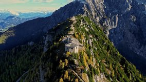 Aerial panoramic view of Historic mountaintop retreat The Eagle's Nest Kehlsteinhaus amid autumn forest, Germany. Alps View Landscape