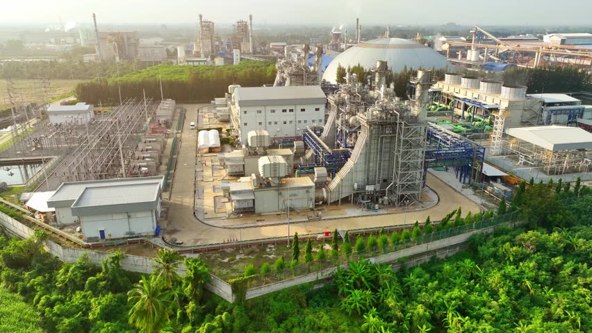 A Combined-Cycle Power Plant is an energy facility that maximizes efficiency by using both gas and steam turbines to generate electricity. It harnesses waste heat to boost power output. Drone. 4K. Royalty-Free Stock Footage #3390868481