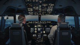Pilots Sit in Cabin Seats and Fly to Land Plane in City Airport at Night Time Sky. Focused Men Using Technology of Airplane Control Panel to Flight Study. Aircraft Aviators in Cockpit Operating Boat - Powered by Shutterstock - Get 15% off with code: PIKWIZARD15