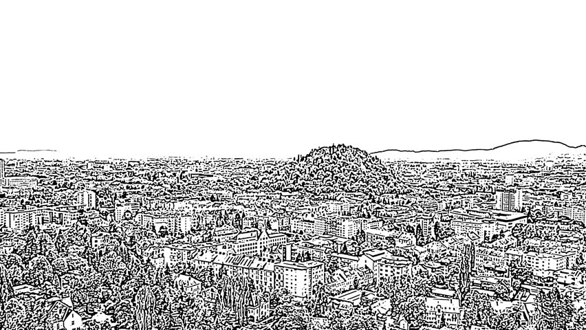 Sketch doodle style. Graz, Austria. The historic city center aerial view. Mount Schlossberg (Castle Hill), Aerial View