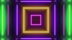 Animation loop technology multicolored light square lines animation on black. Abstract dark motion gradient light trails futuristic background motion. 4K artistic stripes glowing light VJ loop. - Powered by Shutterstock - Get 15% off with code: PIKWIZARD15