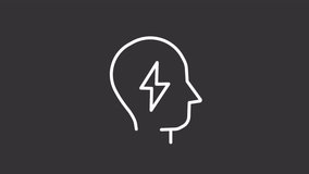 Stress white line animation. Head and lightning bolt animated icon. Mental tension. Anger, worry. Emotional pressure. Isolated illustration on dark background. Transition alpha video. Motion graphic