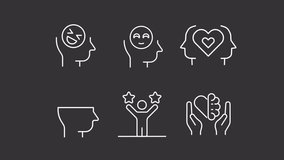 Positive mindset animation library. Mind and emotions animated white line icons. Empathy and happiness. Soft skills. Isolated illustrations on dark background. Transition alpha. HD video. Icon pack