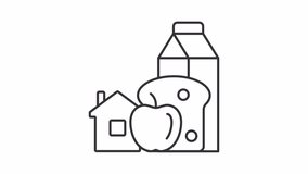 Family nutrition line animation. Food products and house animated icon. Meal planning. Home cooking. Black illustration on white background. HD video with alpha channel. Motion graphic