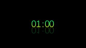 Minutes Countdown Video. minute digital clock countdown timer of glowing led white digits on black background. 60 Seconds Stopwatch. LCD display or CRT monitor Screen. 30 or 10 seconds
