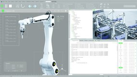 Mock-up User Interface Robot Arm Factory Production Manufacturing Software. Concept Screen Replacement: 3D Software Shows Moving Robotic Arm Production Process. Technological Research and Development - Powered by Shutterstock - Get 15% off with code: PIKWIZARD15
