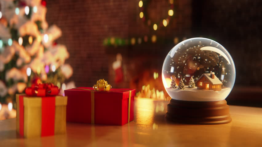 Snowglobe In Cozy Christmas Room 4k, with a fireplace and Christmas in the background and presents in the foreground. Royalty-Free Stock Footage #3391148109