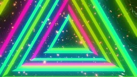 Beautiful abstract triangle tunnel with light lines. Different colors rainbow. Background futuristic tunnel with neon lights. Looped 3d animation art concept. Abstract cyclic background. VJ concept