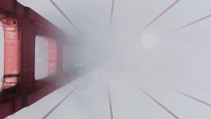 Descending aerial shot overhead tall red bridge on bright sunny day. Sliding down above cars driving by road in dense thick fog, San Francisco. Traffic on Golden gate Bridge in scenic white cloud USA Royalty-Free Stock Footage #3391361269