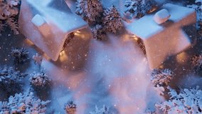 3D rendered scene of snow flying off roofs to reveal gingerbread and create snowy Christmas tree in front of two houses. - Powered by Shutterstock - Get 15% off with code: PIKWIZARD15