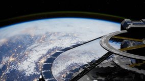 modern laboratory constructed from metal and glass, resembling a spacecraft, rotating in orbit around the planet. elements furnished by nasa - Powered by Shutterstock - Get 15% off with code: PIKWIZARD15