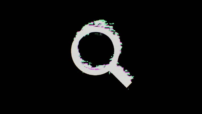 A magnifying glass icon or search symbol glitches in, wavers for a few seconds, and then glitches out. Alpha channel Premultiplied - Matted over black | Shutterstock HD Video #3391467851