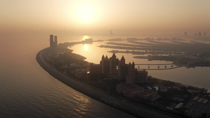 Sunrise Drone view Atlantis hotel Palm Jumeirah Dubai UAE 