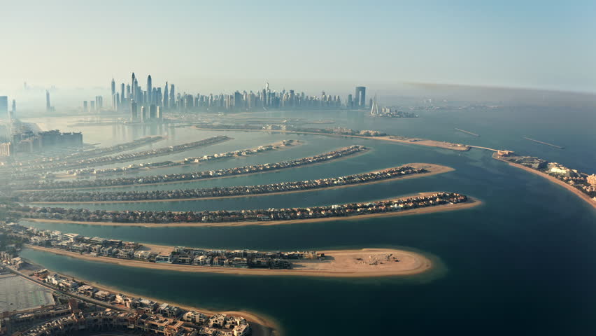 Palm Jumeirah aerial view Dubai UAE sunrise