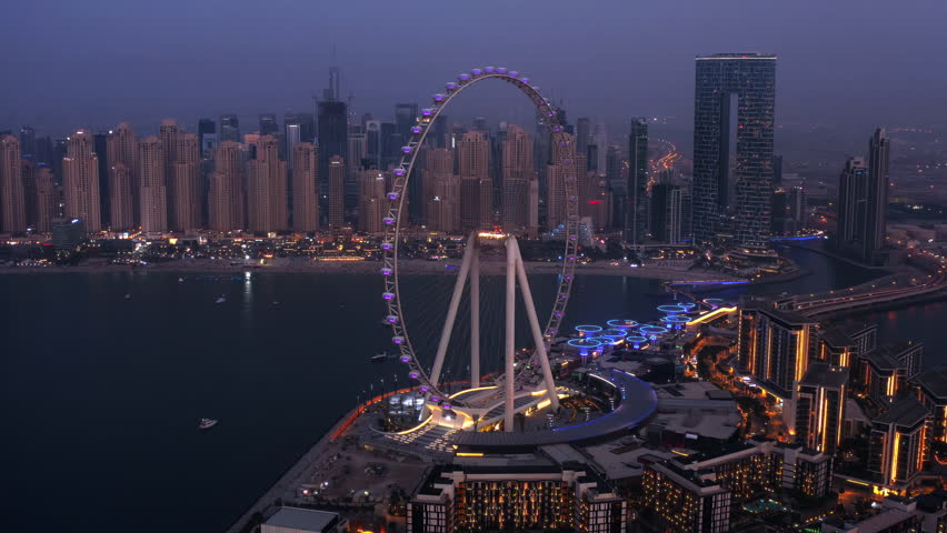 Ain Dubai Marina Ferris wheel UAE aerial view city lights