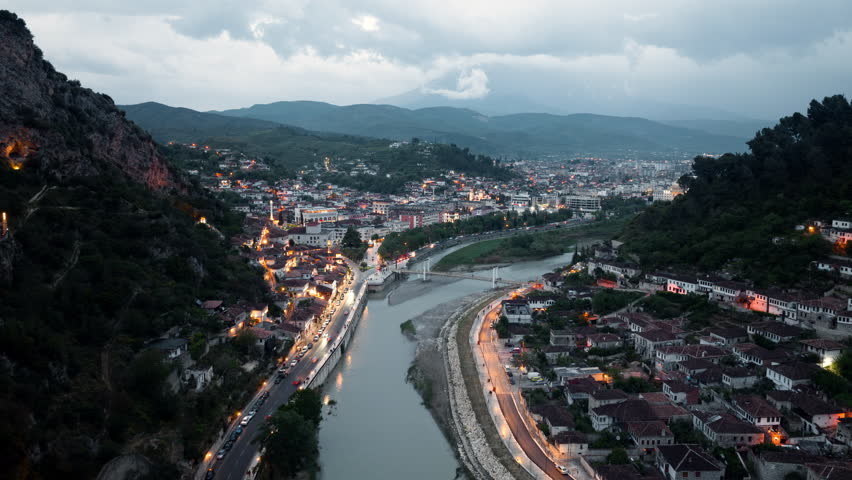 Berat Albania evening aerial time lapse