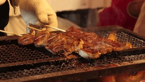 TOKYO, JAPAN - NOV 2023 : View of street food stall selling beef steak on stick at night festival. Japanese food and festival concept video.