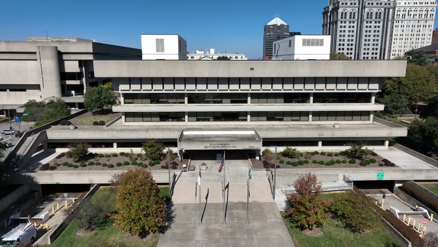 City of Greensboro Municipal Office Building. Aerial establishing shot of North Carolina city.