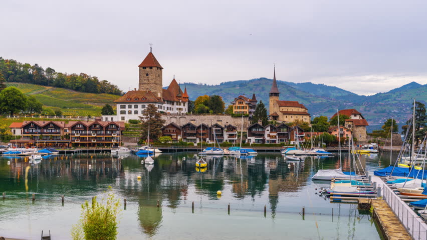 Spiez, Switzerland at the castle during blue hour.