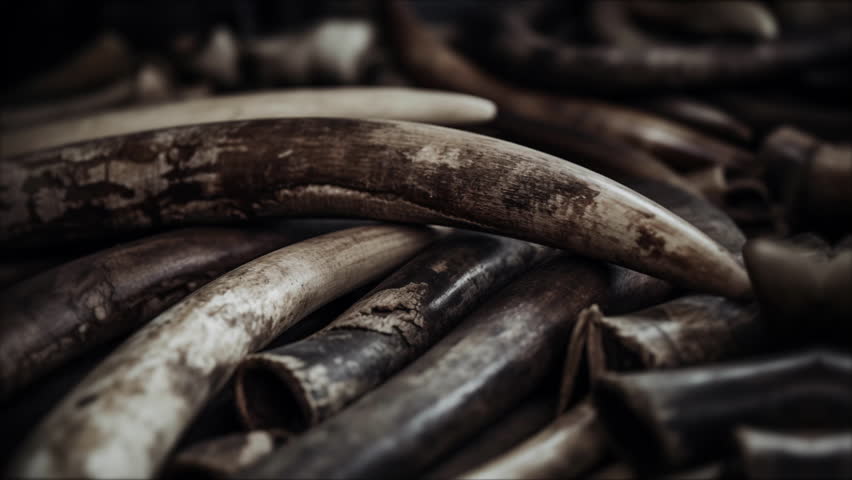 Elephant tusks illegal endangered ivory sold by wildlife poachers on a market in Asia causing animal extinction Royalty-Free Stock Footage #3391582153