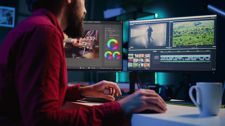 Video editor working for independent production company inputting music, dialogues, graphics and effects over raw footage. Videographer in creative multimedia agency editing clips