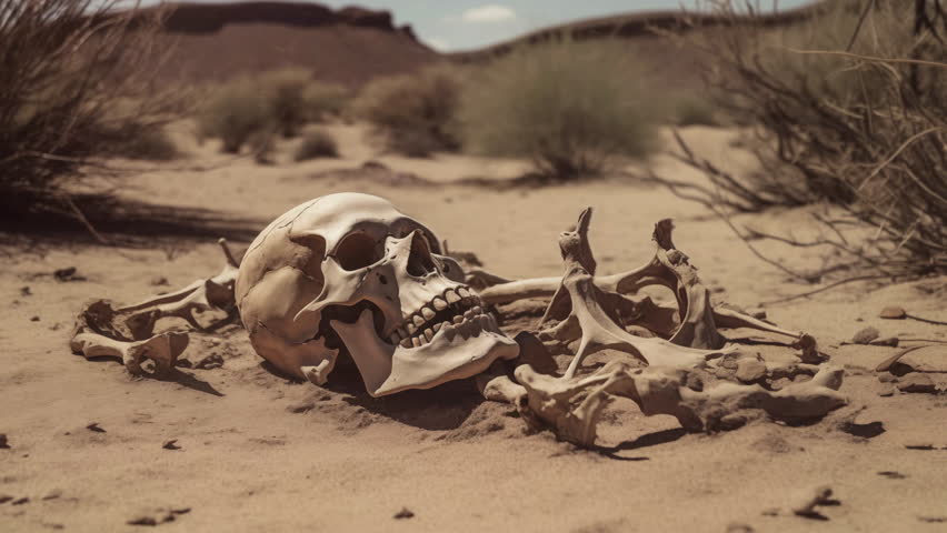 Skeleton and scull bones of human remains in the desert after body decomposed. A suspicious crime scene after a murder Royalty-Free Stock Footage #3391603271