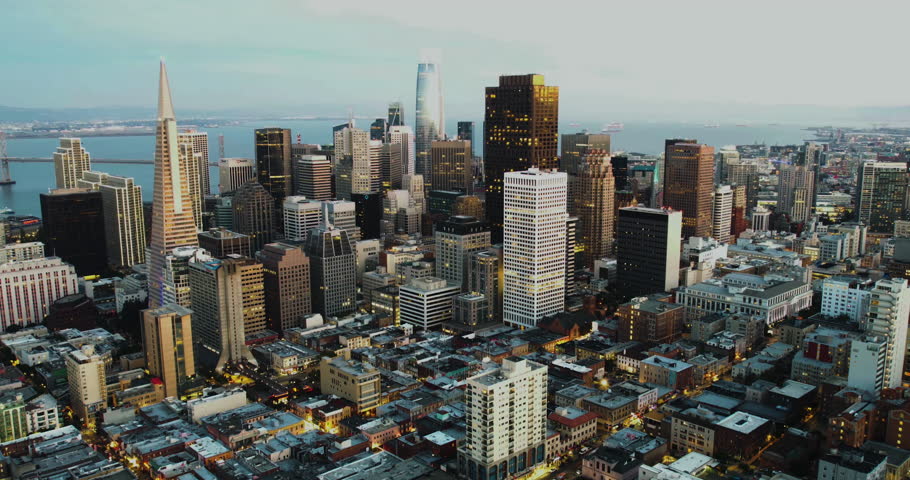 Day to night, Aerial Hyperlapse away from the skyline of San Francisco, USA