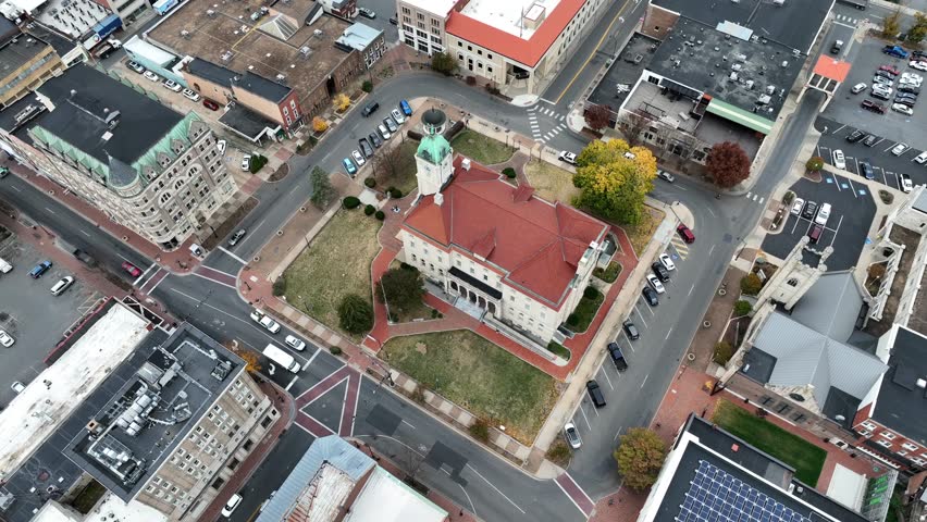 Harrisonburg square. Aerial view of Rockingham County Circuit Court and Clerk