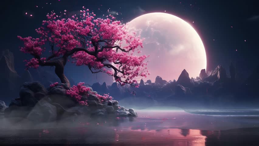 a moon shaped tree with a pink blossom, in the style of nightcore, layered and atmospheric landscapes, animated gifs, calm waters, oriental, vibrant stage backdrops, calming Royalty-Free Stock Footage #3391691915