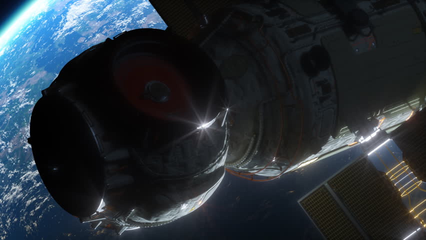 a spaceship flying in space orbiting a planet