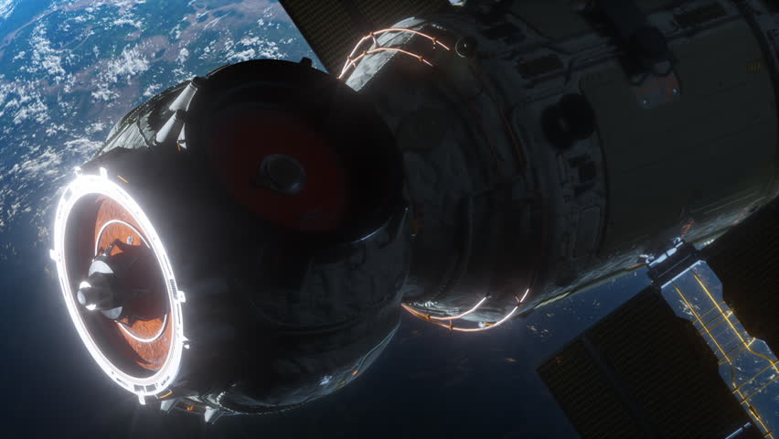 a spaceship flying in space orbiting a planet