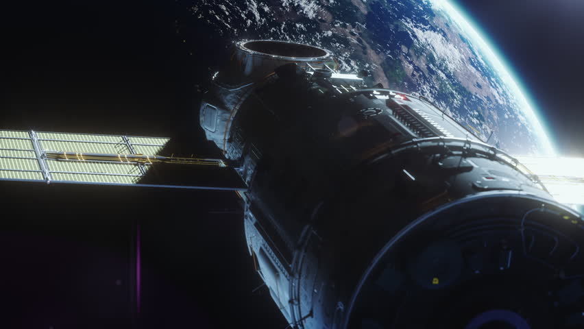 a spaceship flying in space orbiting a planet